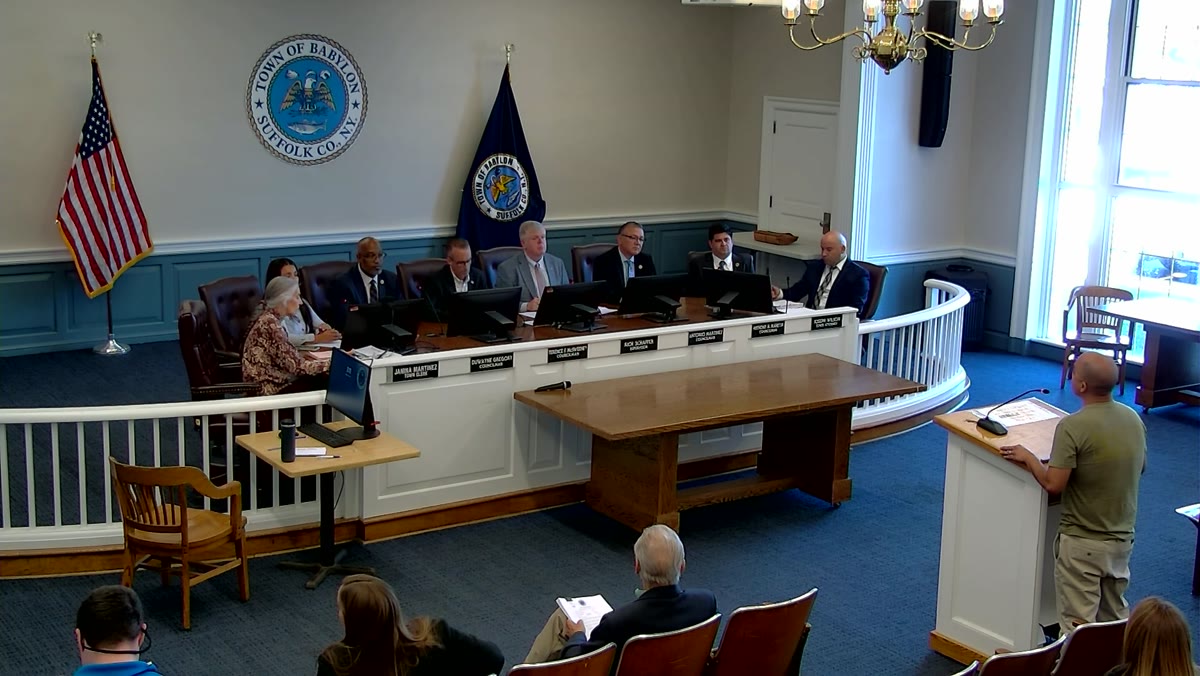 A frame from the Town of Babylon Town Board meeting recording