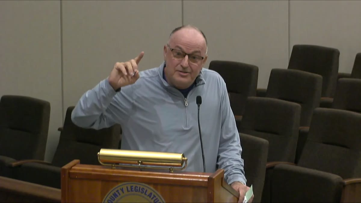 A frame from the Suffolk County Legislature meeting recording