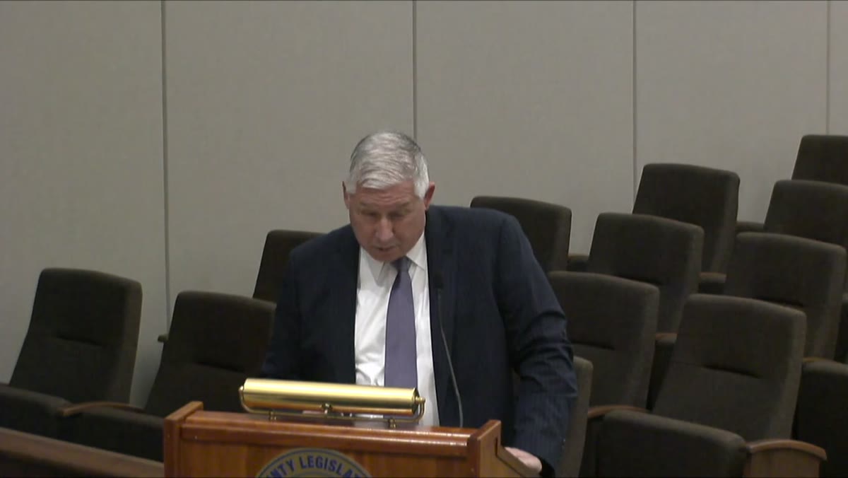A frame from the Suffolk County Legislature meeting recording