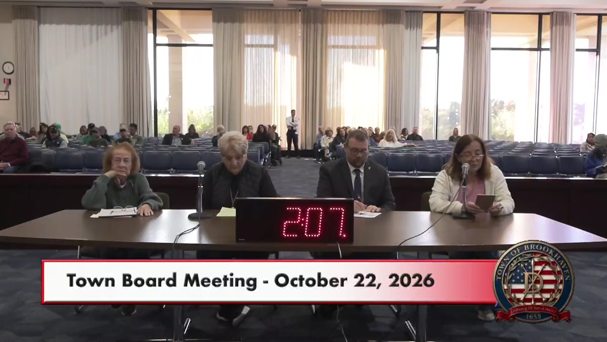 A frame from the Town of Brookhaven Town Board meeting recording