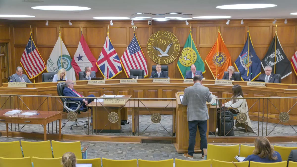 A frame from the Town of Oyster Bay Town Board meeting recording